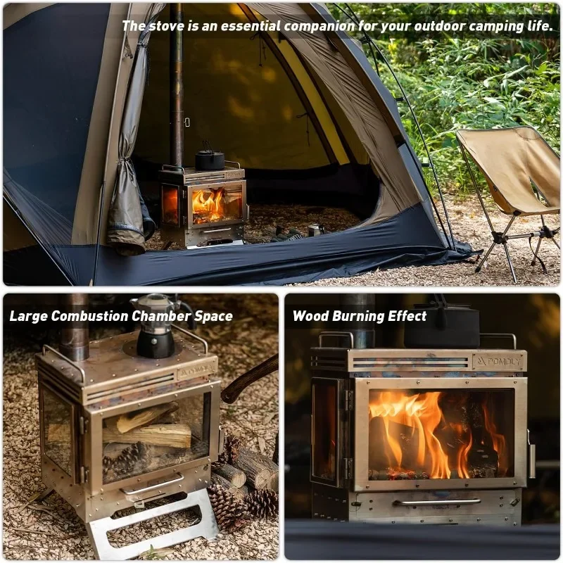 Camping Tent Stove Wood Stove Dweller Max 3 Stainless Steel Wood Burning for Hiking,Cooking,Heating(with 3 Glasses)