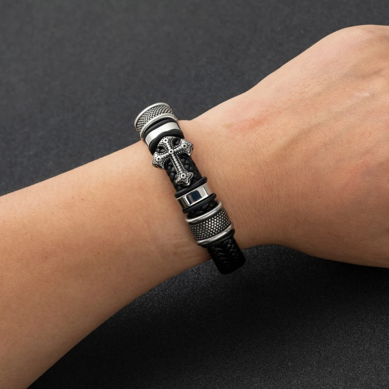 Mens Leather Bracelet with Cross Charm Jewelry Gift Man Business Bracelet with Metal Magnetic Clasp