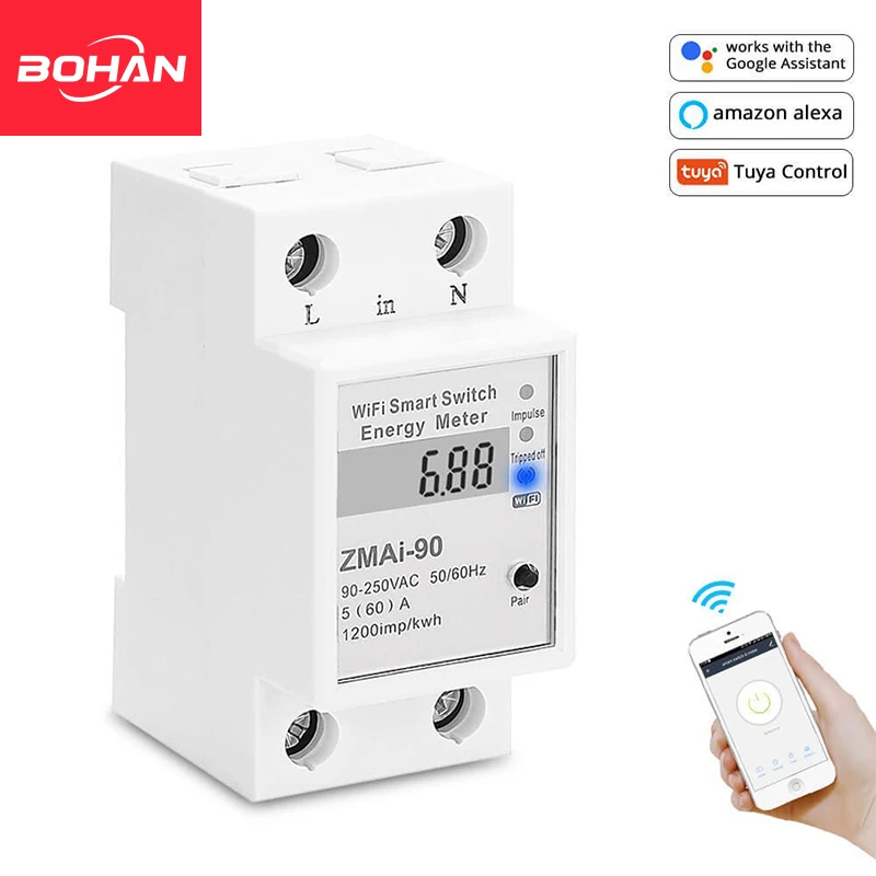 Contatore Di Energia WiFi Monofase 60A - Compatibile Con Alexa E Google Home - App Smart Life/Tuya