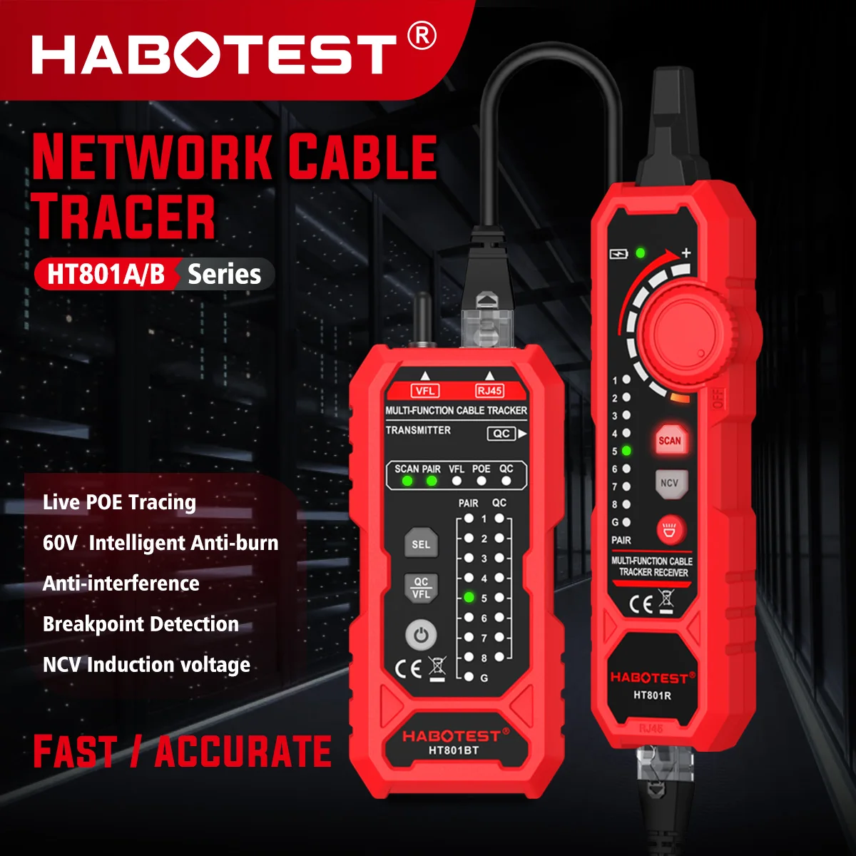 HABOTEST Network Cable Tester HT801A HT801B, 60V intelligent live ethernet LAN network wire tracker PoE tester RJ11 RJ45 cable tracer