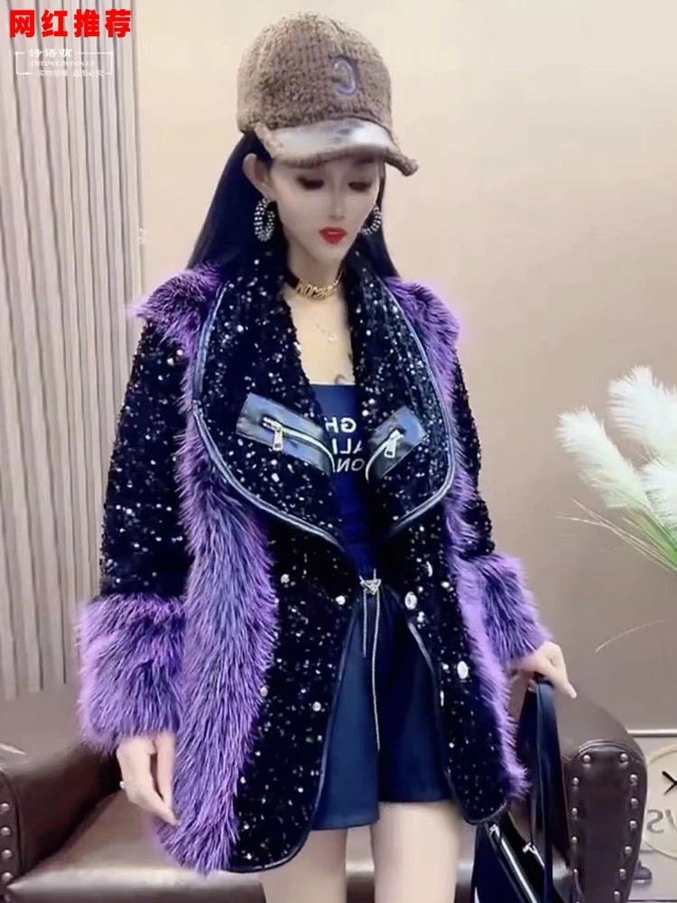 European Winter New Fashion Fur Stitching Double Face Wool Leather Mid-Length Coat Women's Heavy Sequins Long Sleeve Jackets