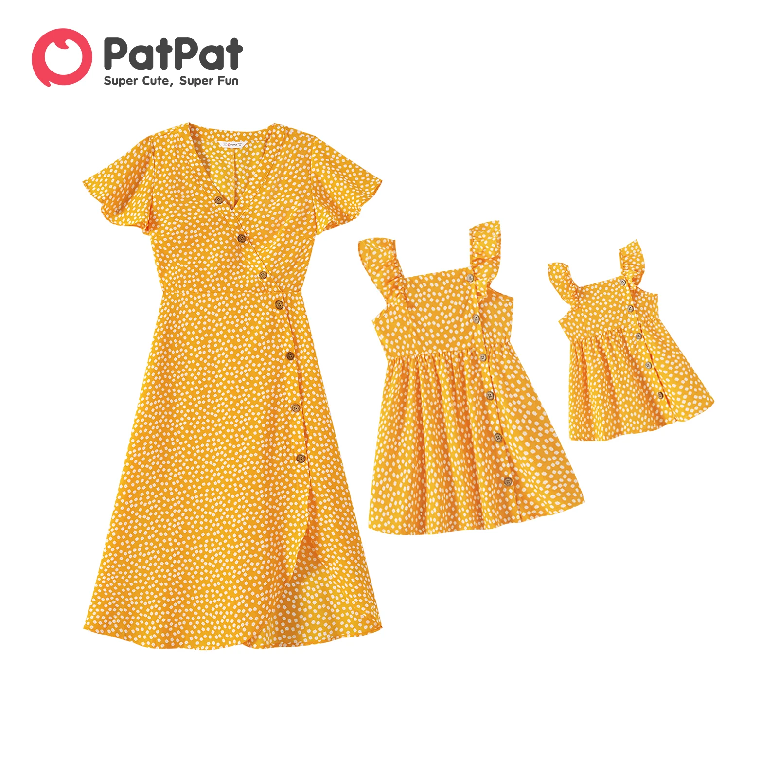 PatPat Mommy and Me Allover-vestidos con estampado amarillo, manga con volantes y botones en la parte delantera