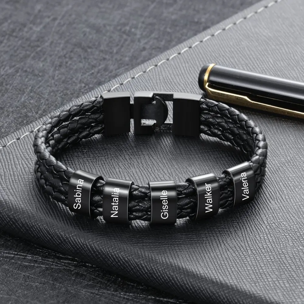 Custom Name Double Layer Leather Men Bracelet Engraving Stainless Steel Beads Family Name Bracelet For Men Jewelry Gift