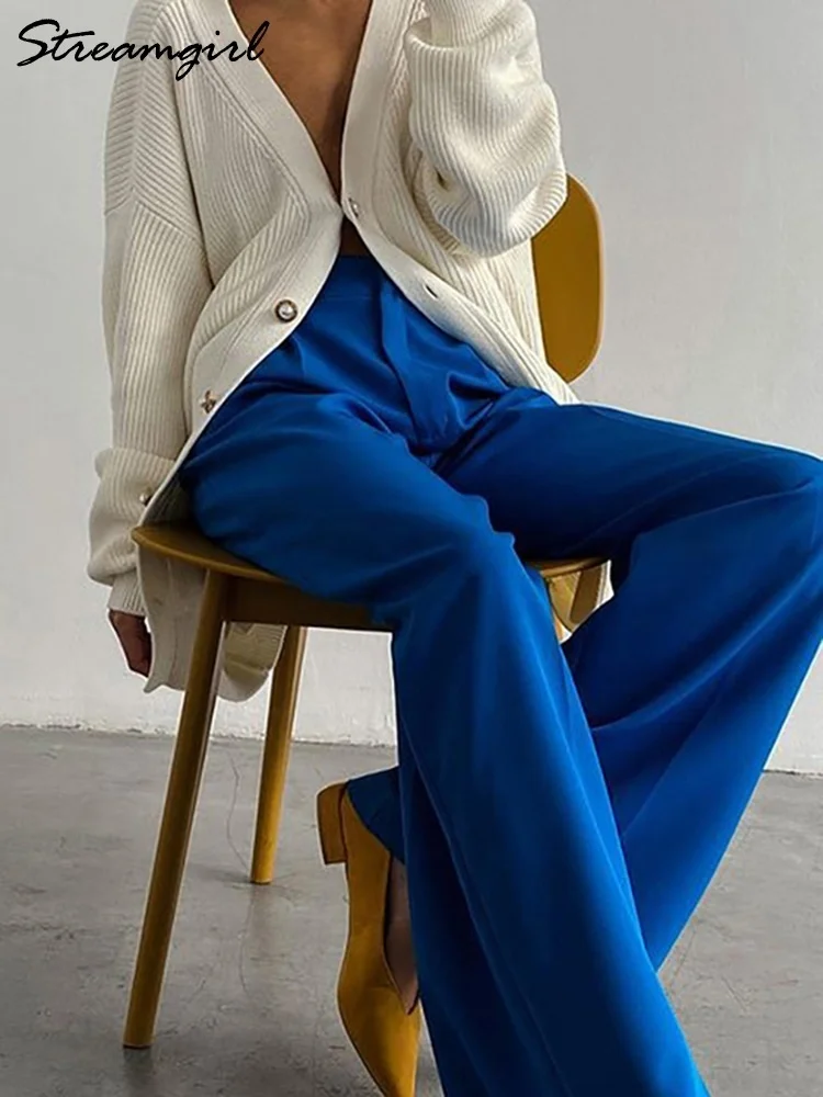 

Streamgirl Loose Office Pants Womens Trousers Loose Full Pant For Ladies Spring 2023 Blue Long Suit Pants Women High Waist Khaki