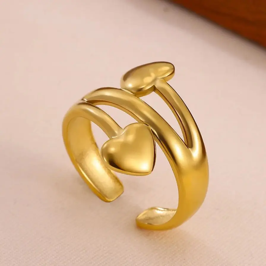 Heart Arrow Rings for Women Gold Stainless Steel Double Heart Adjustable Ring
