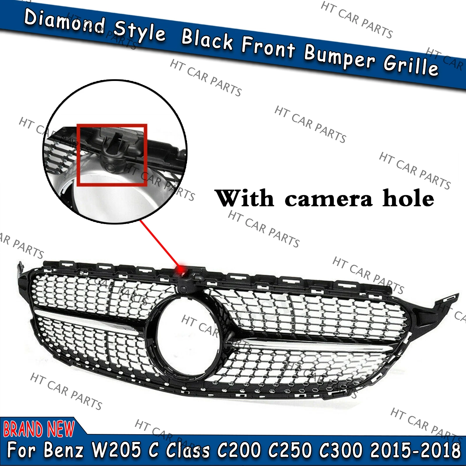 

1 Piece Black Front Bumper Grille Grill With Camera Hole For Mercedes Benz C Class W205 C200 C250 C300 C350 2015-2018