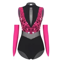 Women Sequin Dance Leotard Gymnastics Figure Skating Ballet Dance Performance Outfit Sheer Mesh Bodysuit with Gloves Dancewear - Image 3