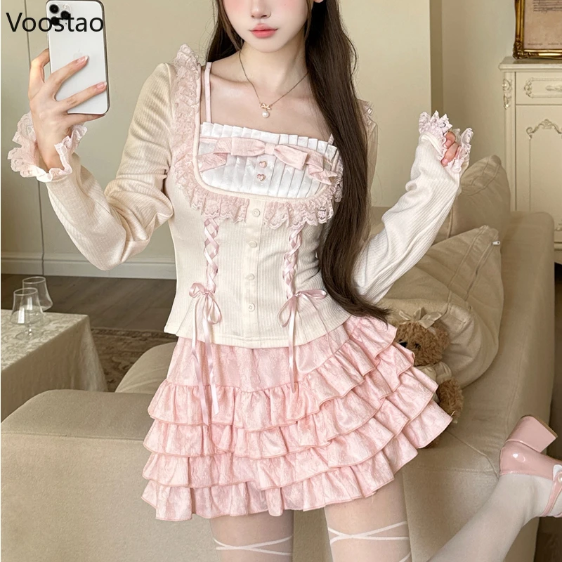 Sweet Cute Lolita Princess Skirt Sets Autumn New Bow Lace Splicing Long Sleeve Slim Tops Kawaii Cake Skirt Two Piece Set Women 2