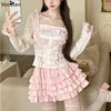 Sweet Cute Lolita Princess Skirt Sets Autumn New Bow Lace Splicing Long Sleeve Slim Tops Kawaii Cake Skirt Two Piece Set Women 2