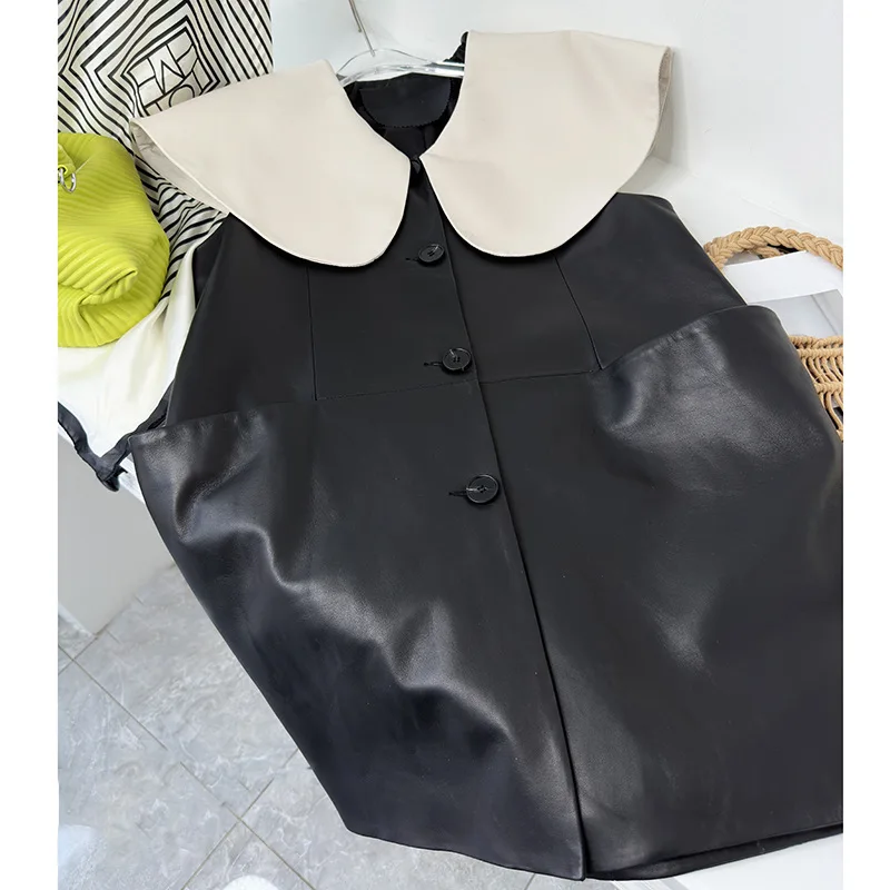 

French Style Doll Neck Genuine Leather Jacket With Contrasting Ruffle Edge Vest, Sheep Leather Medium Length Dress, Age Reducing
