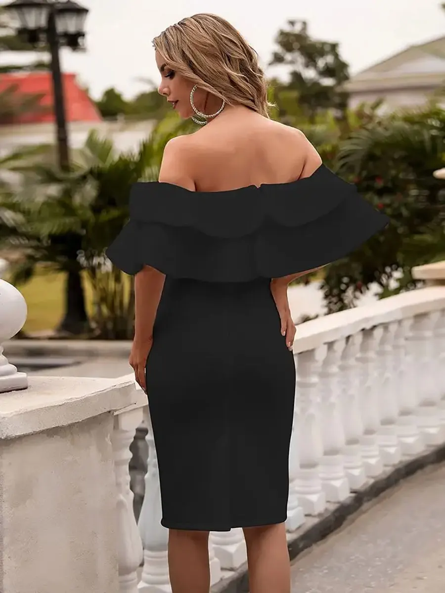 Off Shoulder Etui Jurk Zwart Missord Zomer Wit Ruches Midi Jurk