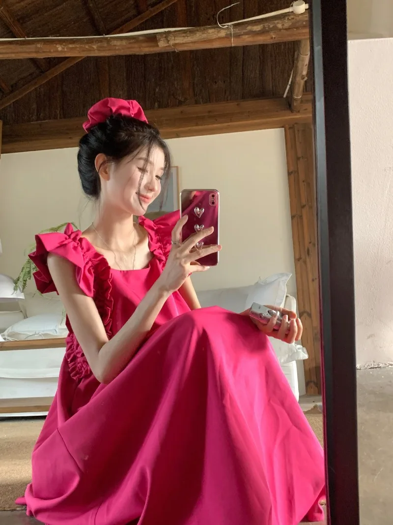 

Dopamine Backless Age Reducing Dress for Women's Summer New Ear Edged Square Neck A-line Medium Length Dresses Female Clothing