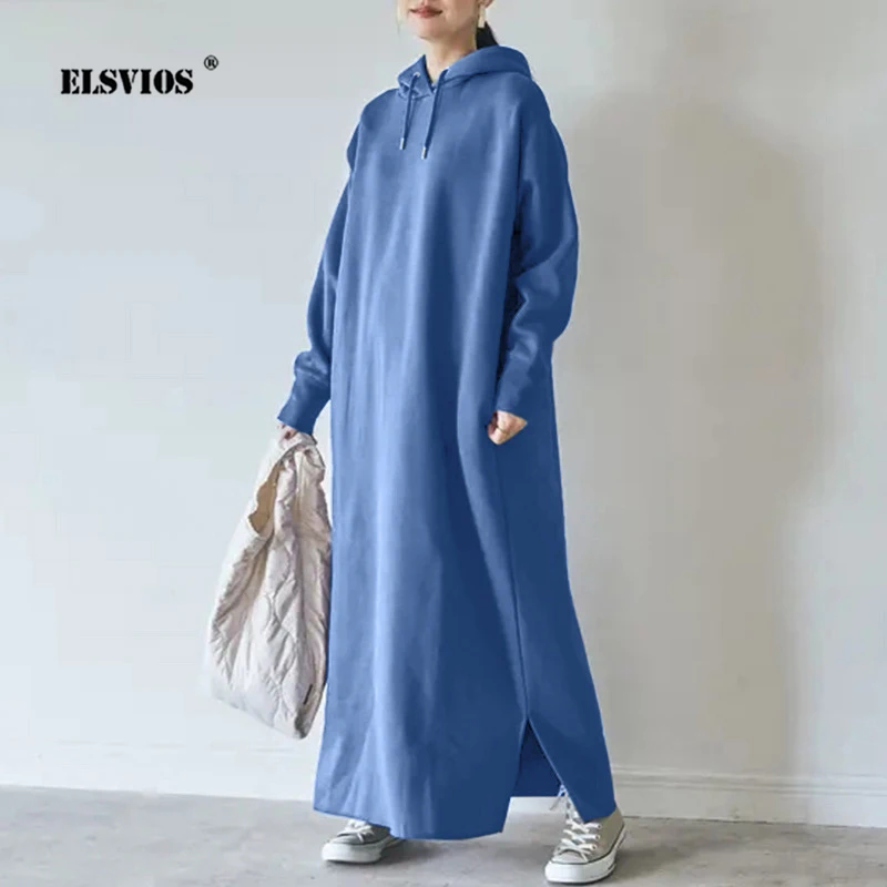 

Casual Solid Color Long Sleeves Pockets Long Loose Straight Dresses Lady Clothes Autumn Winter Women New Warm Plush Hooded Dress