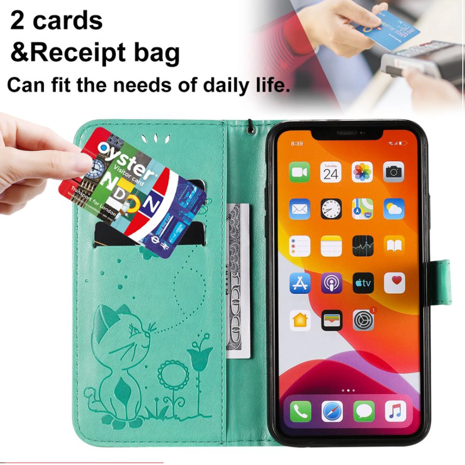 Leather Wallet Phone Case with Card Holder and Stand Functionality