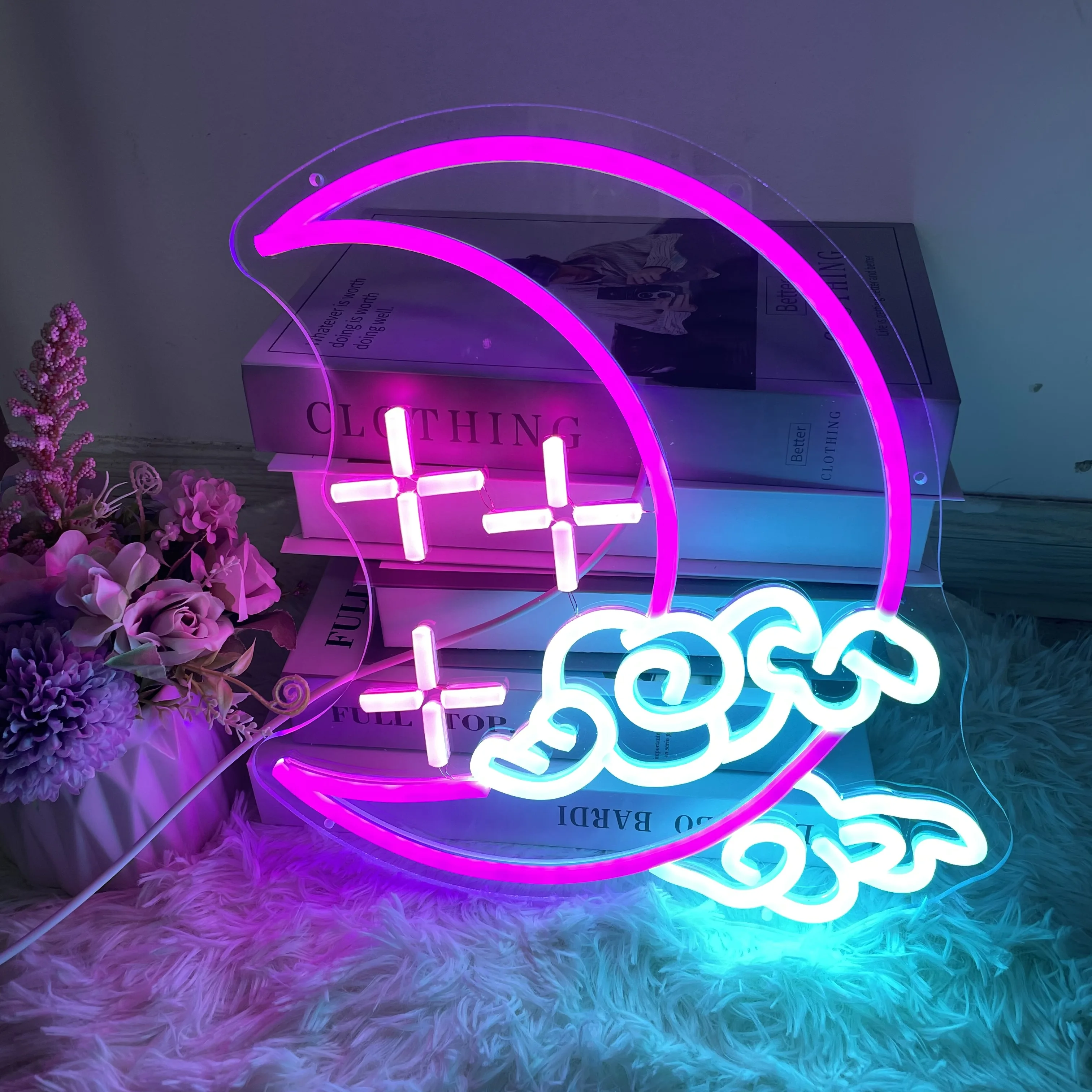 

Moon Cloud Star Neon Sign Custom Handmade Kids Bedroom Wall Art Decor Good Vibes for Game Room Bar Club Personalized LED Neon