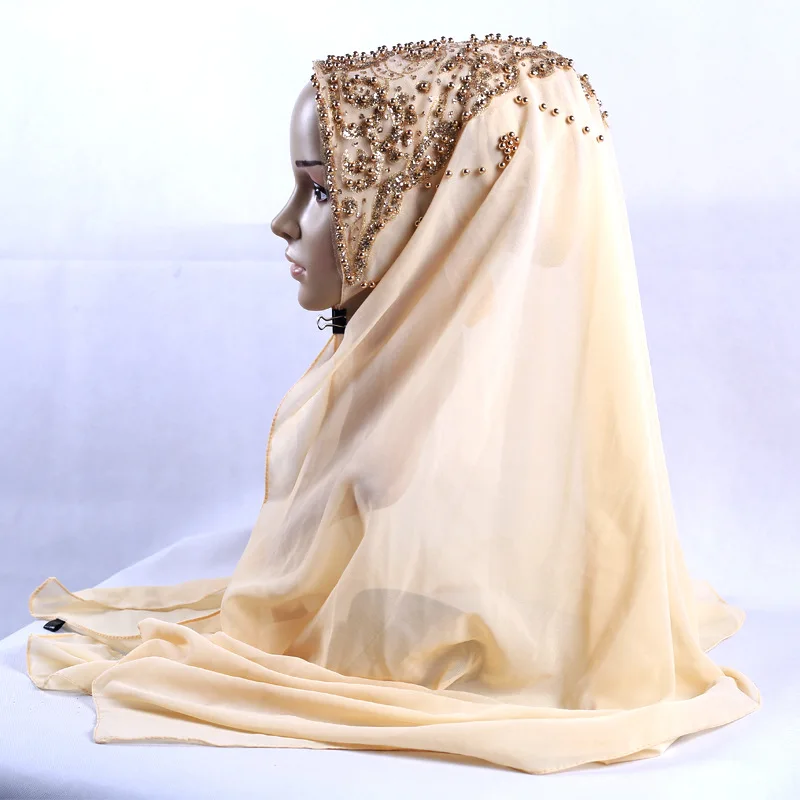 Luxury Women Beaded Chiffon Scarf Muslim Islamic Party Hijab Head Wraps Shawls Arab Headband Turban Stole 72*170cm 3