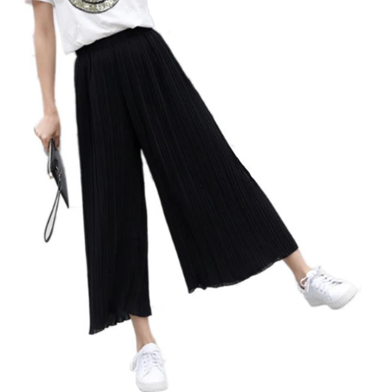 Summer Women's Pants Solid Color Pleated Pants Linen Wide Leg Pants Eight Points Low Waist Loose Street Casual Pants plus size capris