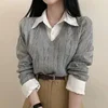 Korean Chic Spring and Autumn Age-Reducing Sweaters Retro Temperament Preppy Fake Two Pieces Shirts Twist Knit Women's Y2k Tops 1