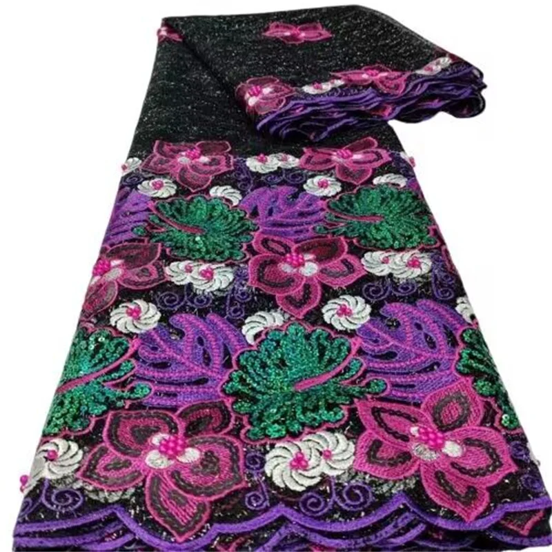 

Black Latest High Quality African Nigerian Beads Tulle Damask Lace Fabric Embroidery Party Dress Sequins Net Cloth 5yards