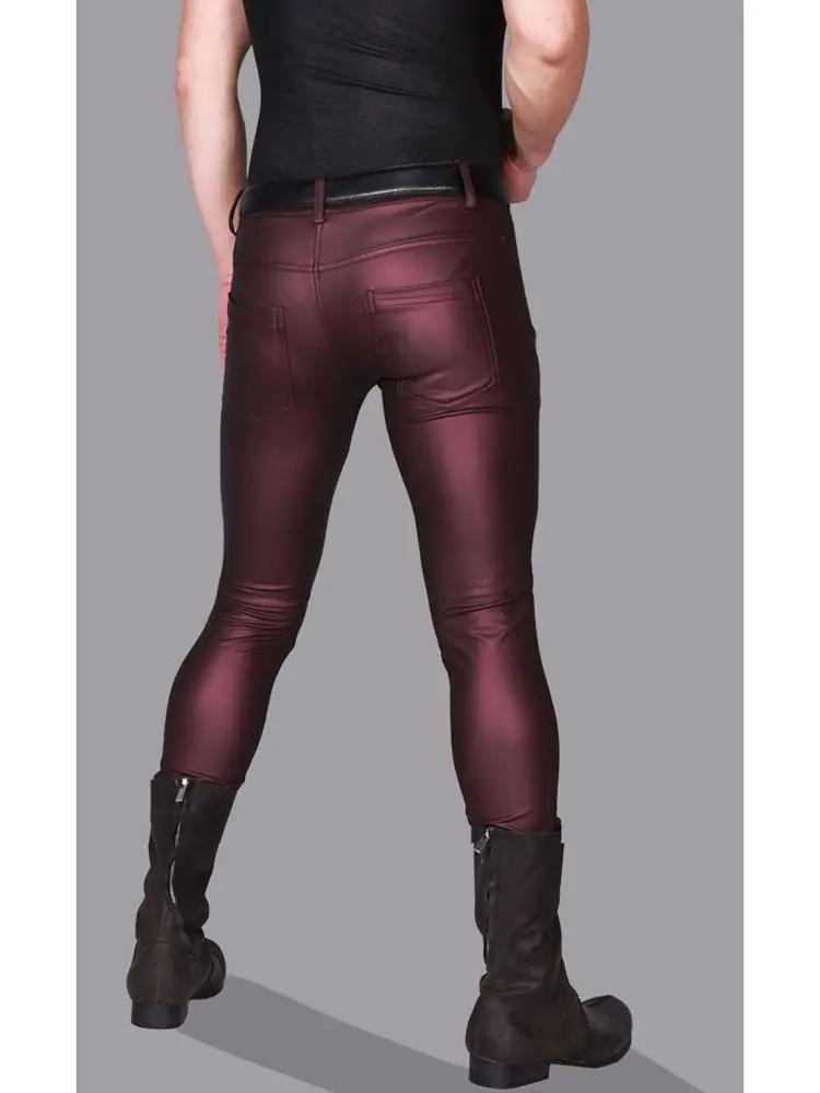 Elastic Faux PU Leather Jeans Pencil Pants Oil Glossy Mens Spring Autumn Trousers Leisure Pantalon Tights Motorcycle Spodnie