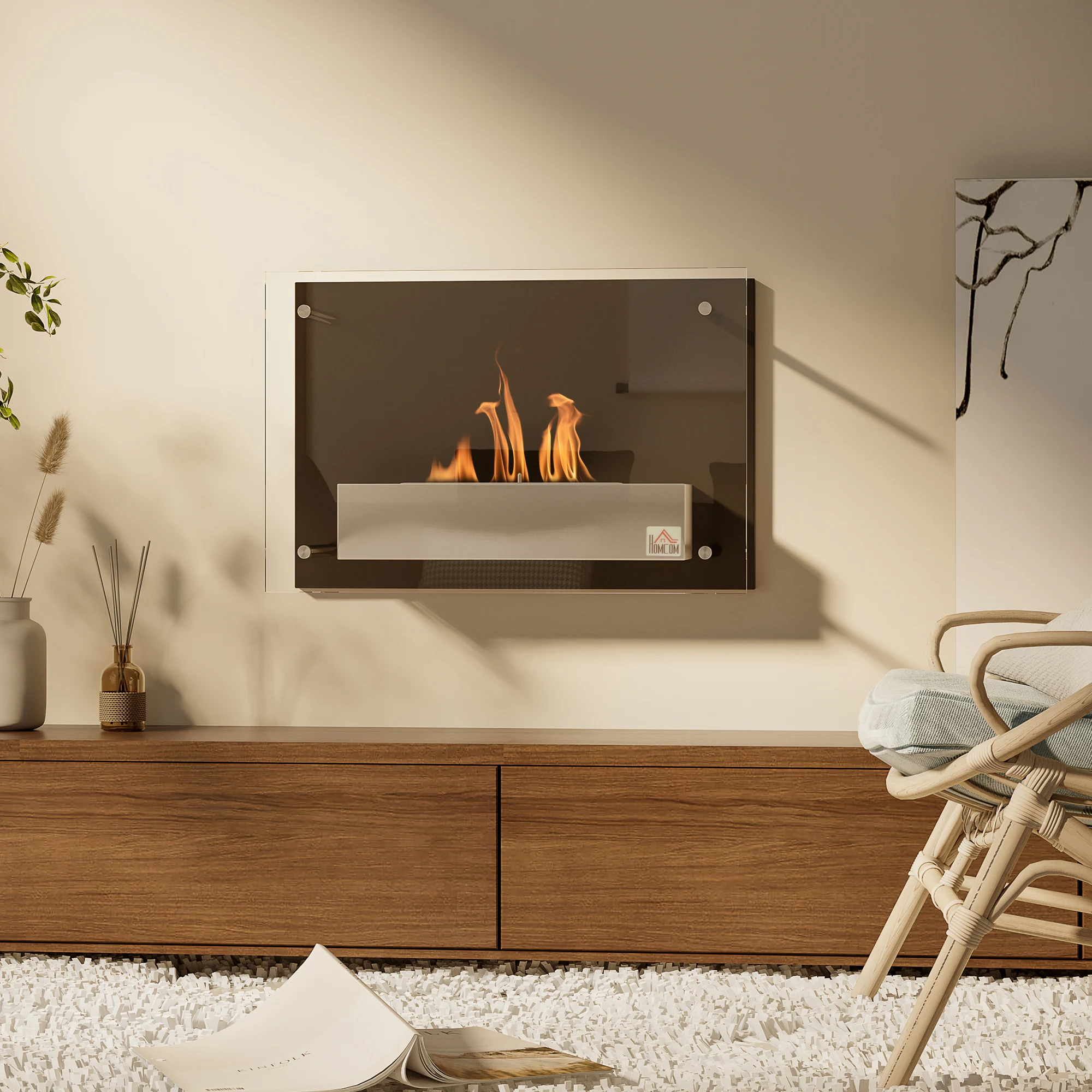 HOMCOM Wall bioethanol fireplace 60x22x40 cm 1,5 capacity 3 hour combustion  stainless steel bioethanol stove for living room bedroom Black