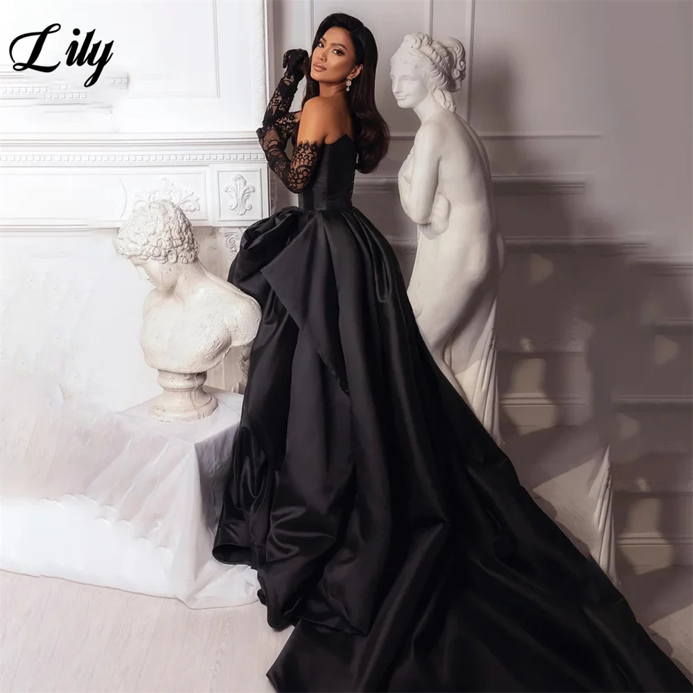 Lily Black Sweetheart Prom Dresses Side High Split A Line Sleeveless Prom Gown Stain Long Sweep Train Evening Dress Customized women prom dresses