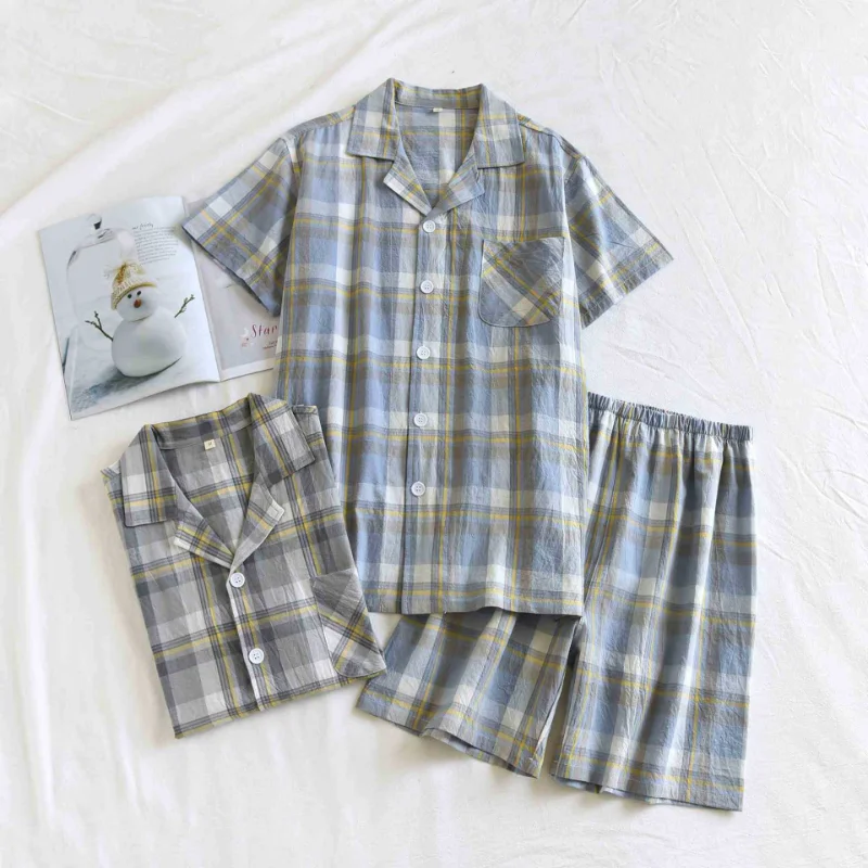 2024 Japanese New Summer Men's Pajama Set 100% Cotton Short Sleeve Shorts Two Piece Men's Set Simple Plaid Thin Homewear