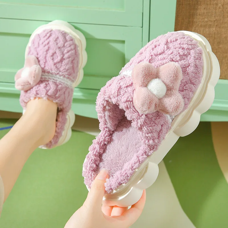 lovely bowtie winter women home slippers for indoor bedroom house soft bottom cotton warm shoes adult guests flats Winter Home Warm Ladies Cotton Slippers Indoor Non-slip Thick Bottom Comfortable Slippers Fashionable Cute Women Cotton Slippers