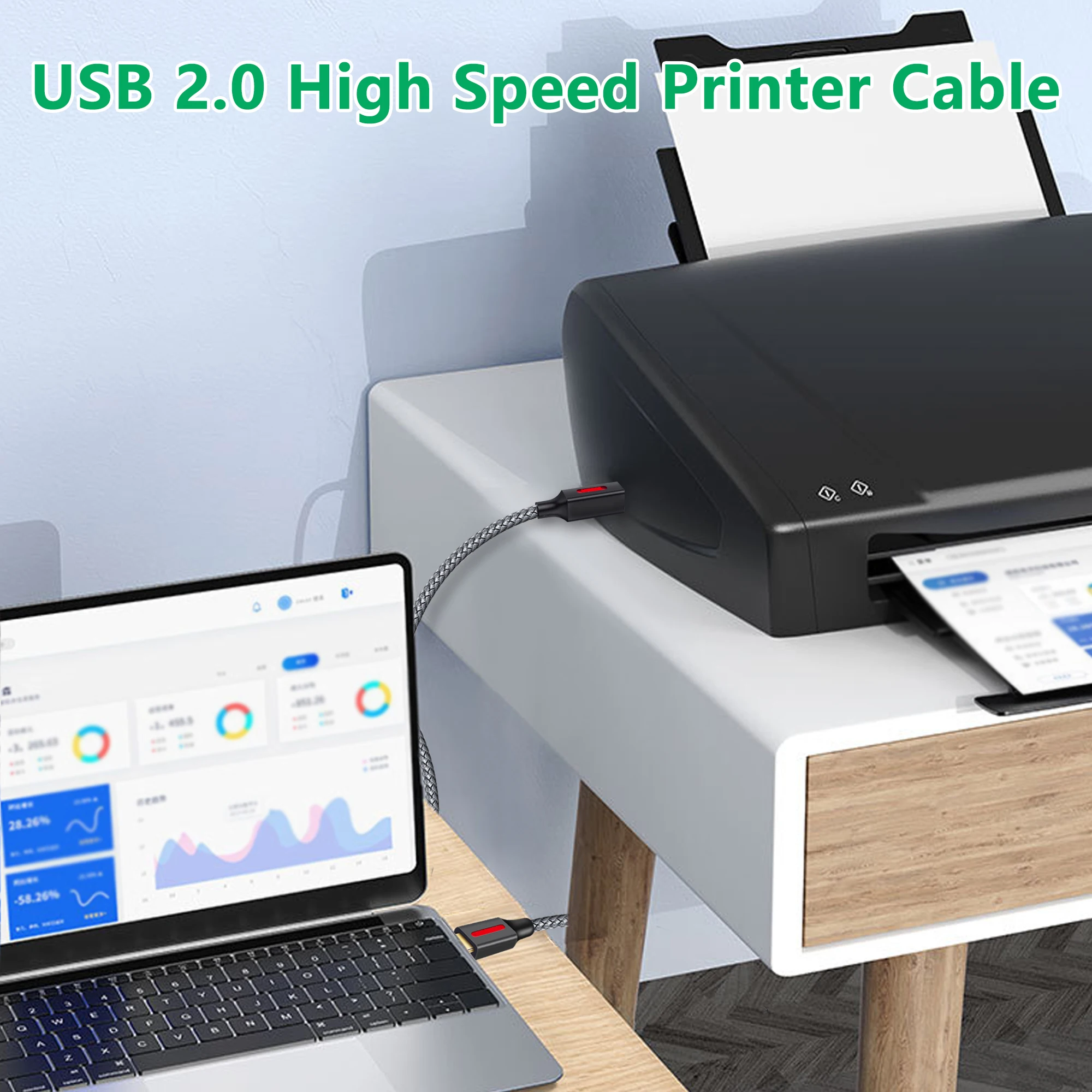 USB C에서 USB 프린터 케이블, 맥북 프로 스캐너 팩스기 HP 캐논 델 삼성 프린터 C타입 2.0 인쇄 코드, 1 m, 2 m, 3 m, 5 m, 6m