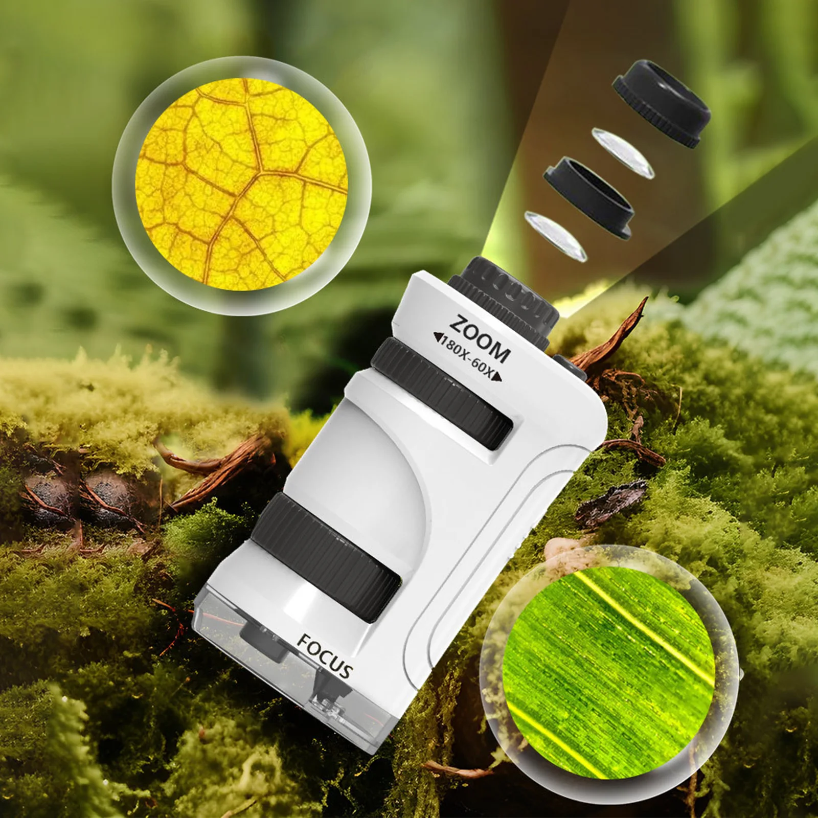Compact LED-Lit Mini Microscope with 60x-180x Zoom for Children's Scientific Exploration