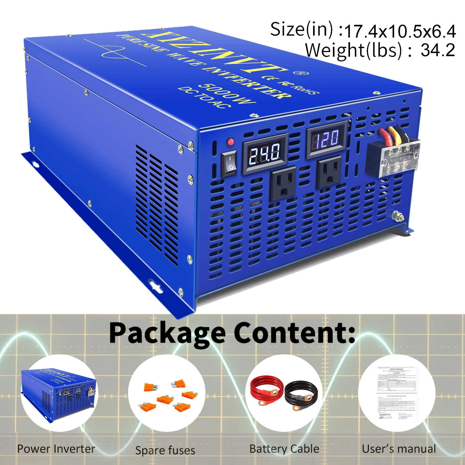순수 사인파 태양광 인버터, 자동차 전원 인버터, 리모컨 포함, 5000W, 12V, 220V, 24V, 48V, DC에서 120V, 230V, 240V, AC