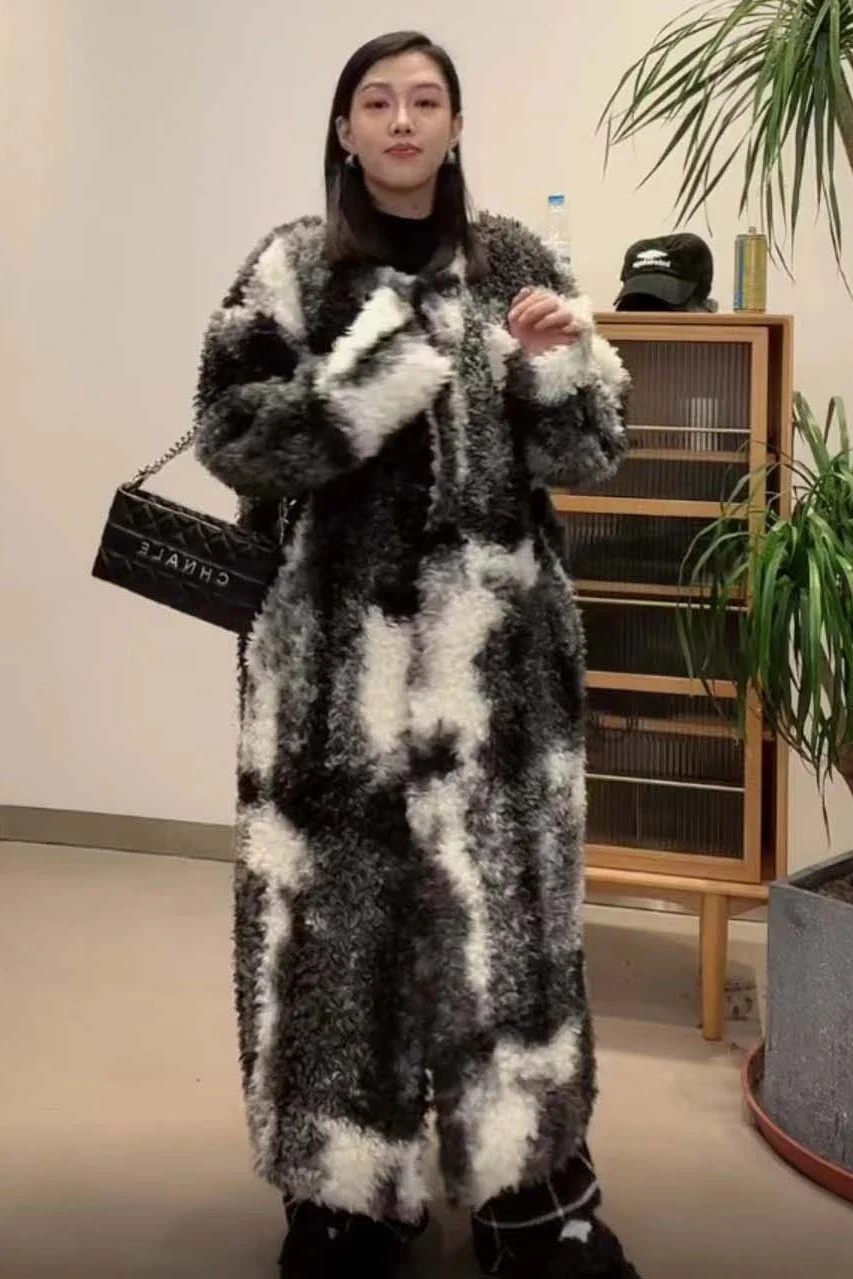 Korean Style Round Neck Long Sleeve Women's Long Faux Fur Coat 2022 Winter Commute Style Fashion Tie-Dyed Loose Faux Fur Coat