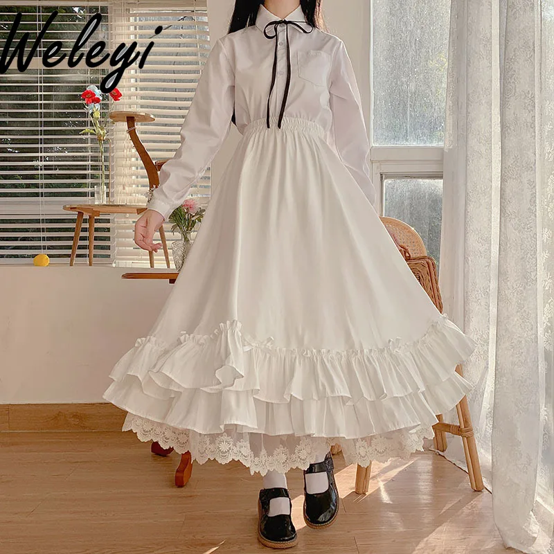 Japanese Style Soft Girl White Tiered Y2k Skirt Women's 2024 Autumn and Winter Sweet Ruffled High Waist Fairy Large Swing Skirts