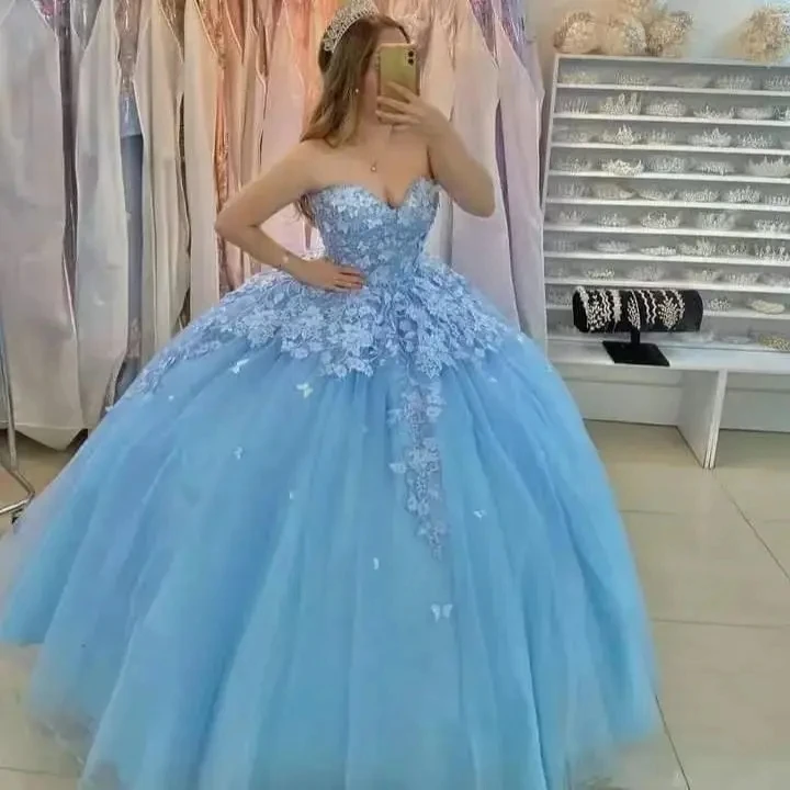 BOMARIS Blue Sweetheart Ball Gown Quinceanera Dress Masquerade Vestidos De 15 Anos 3D Lace Princess Birthday Party Customized