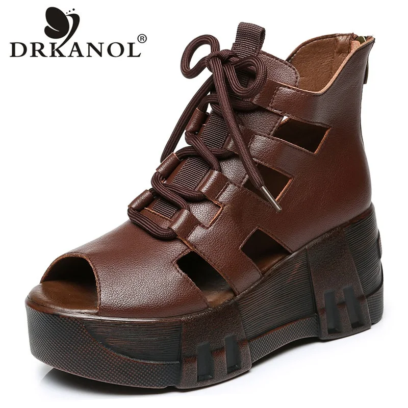 

DRKANOL Women Sandals 2024 Roman Style Open Toe Sandals Genuine Leather Wedges Platform Height Increasing Summer Cool Boots Lady