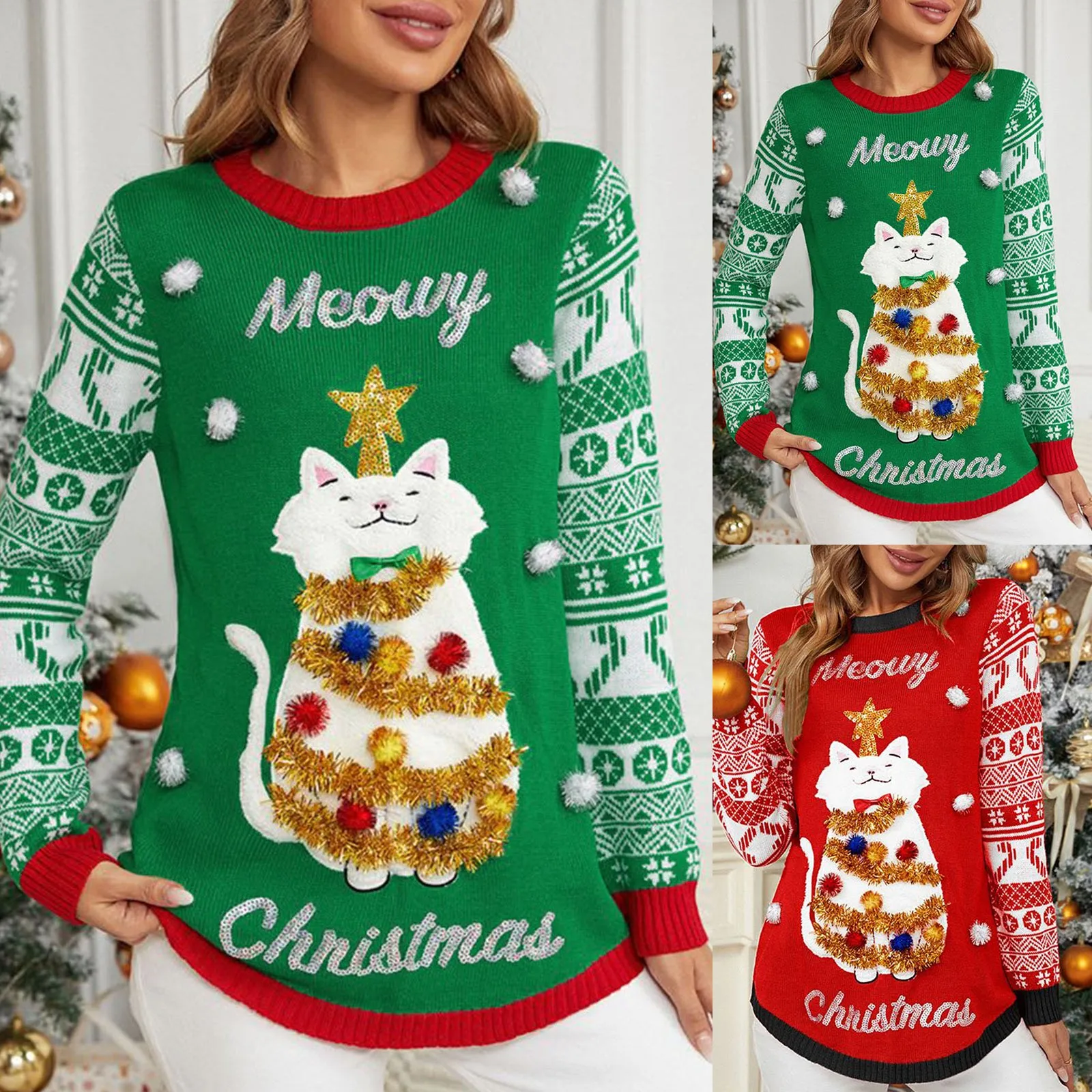 

2023 Autumn And Winter New Women's Christmas Jacquard Pullover Sweater Cartoon Cute Embroidered Kitten Round Neck Sweater