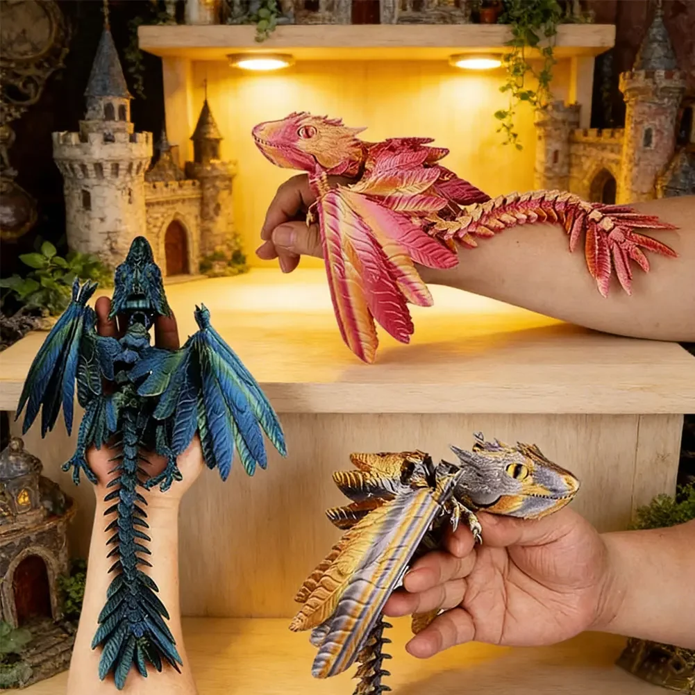 3D Printed Feathered Wyvern Dragon Figurine - Multi-Joint Movable Home Decor Ornament