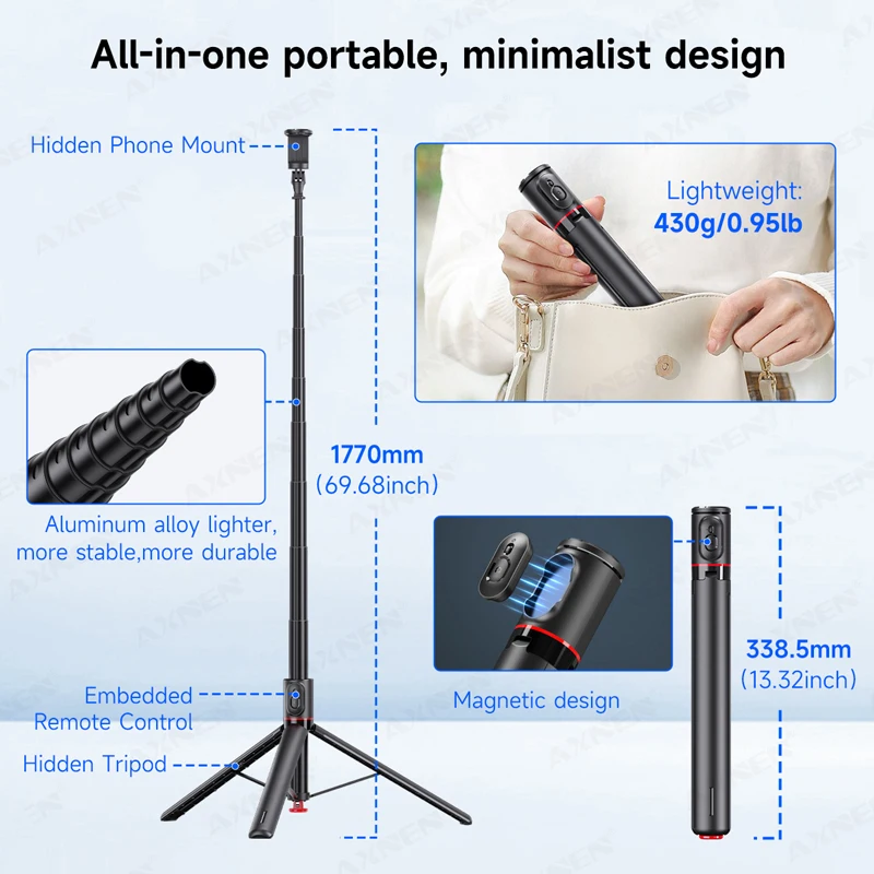 Treppiede a scomparsa automatico portatile da 70 pollici, bastone per selfie tutto in uno, supporto per telefono pieghevole con telecomando Bluetooth per iPhone_voghion.com