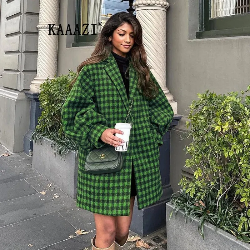 

KAAAZI Female Long Sleeve Vintage Plaid Print Loose Woolen Coat Turn-down Collar 2023 New Puff Sleeve Green Women Coat Casual