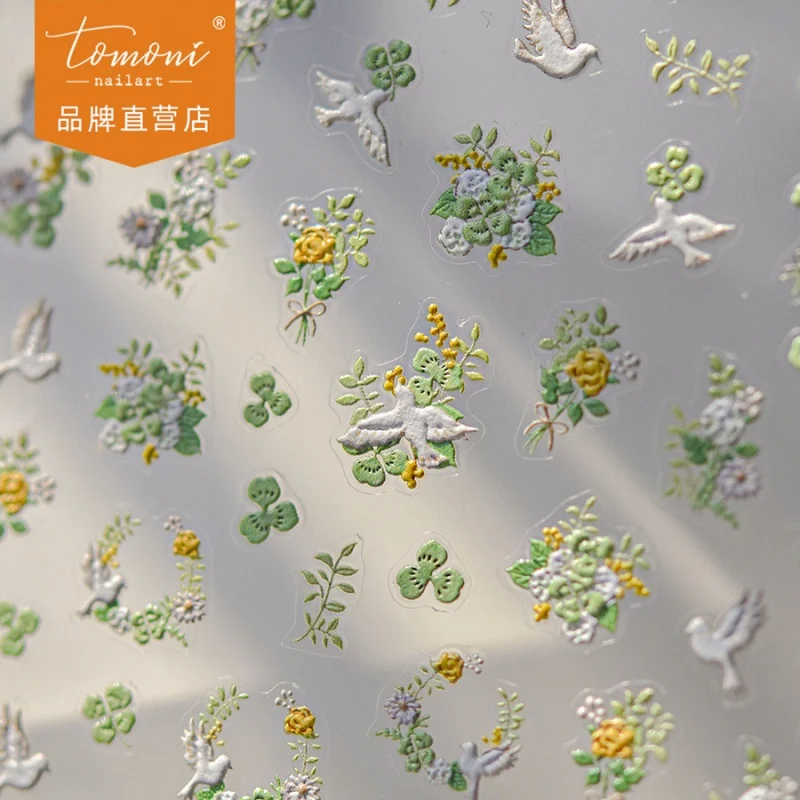 

[Meow.Sensei] Tomoni Relief Nail Stickers Popular Cute Nail Sticker Factory Wholesale Japanese Clover White Pigeon 3760