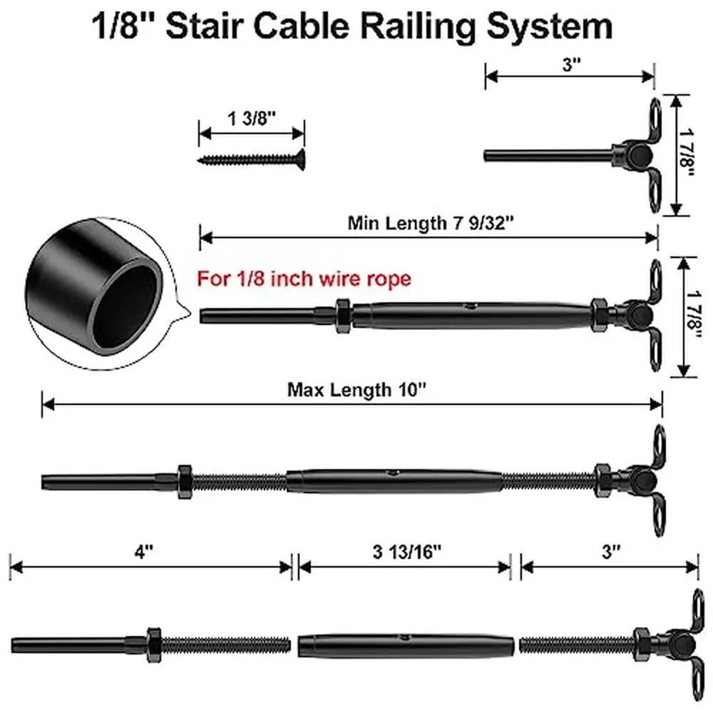 Black Stainless Steel 1/8" Cable Railing Hardware Kit 50 Pack Adjustable Angle Wood Posts Kit Swage End Fittings Lag Screws