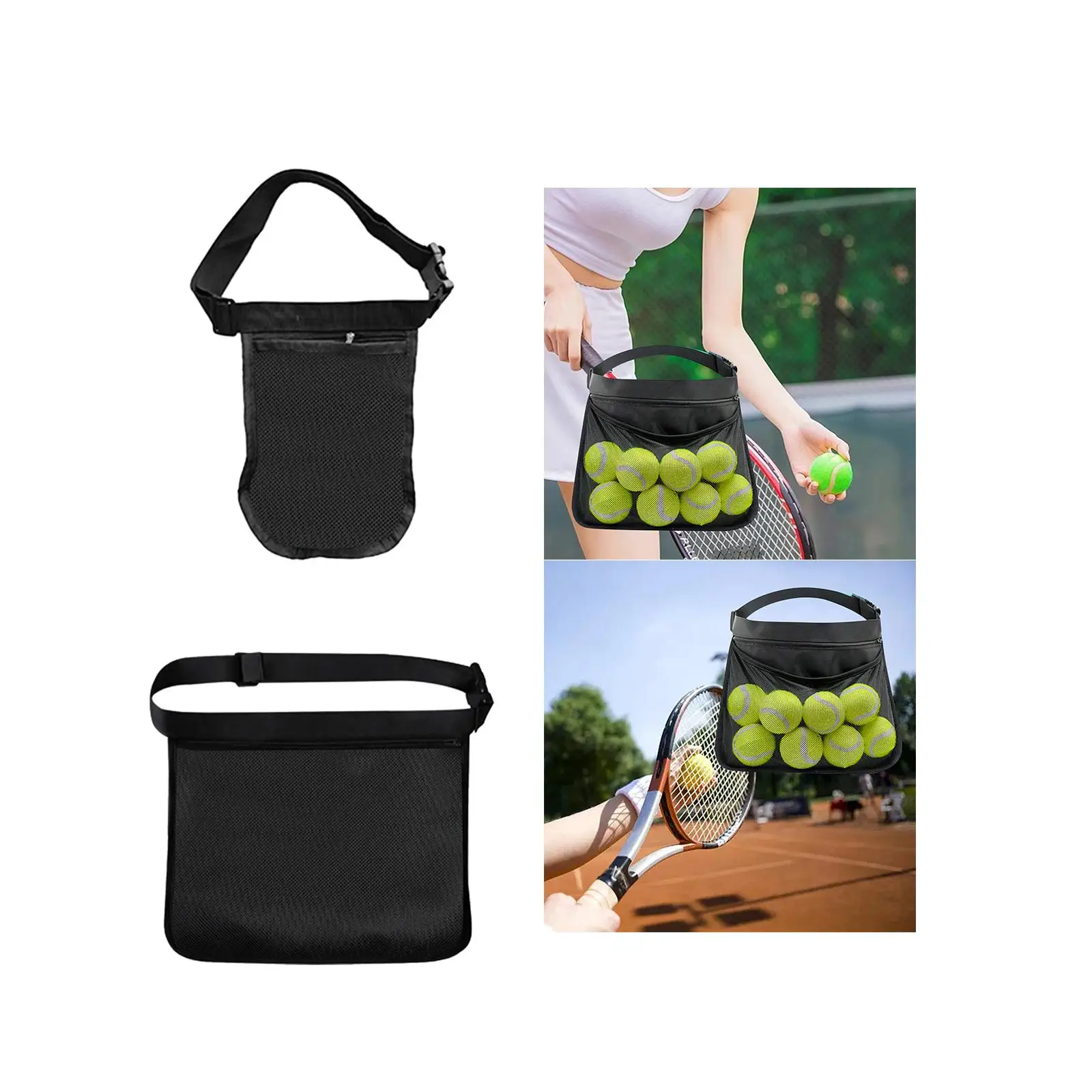 Black Tennis Ball Holder Mesh Storage Bag Adjustable 76-105cm Carrier Gadgets