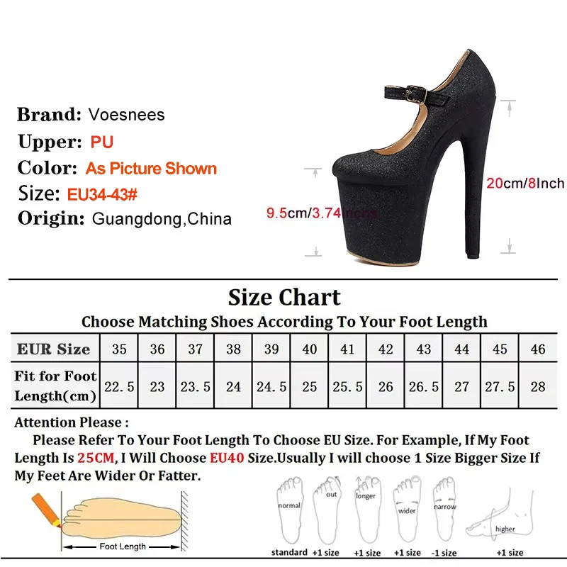 Women 20cm High Heels New Buckle Strap Fashion Platform Fetish Black Pumps Ladies Bling Bling Nightclub Party Shoes Plus Size