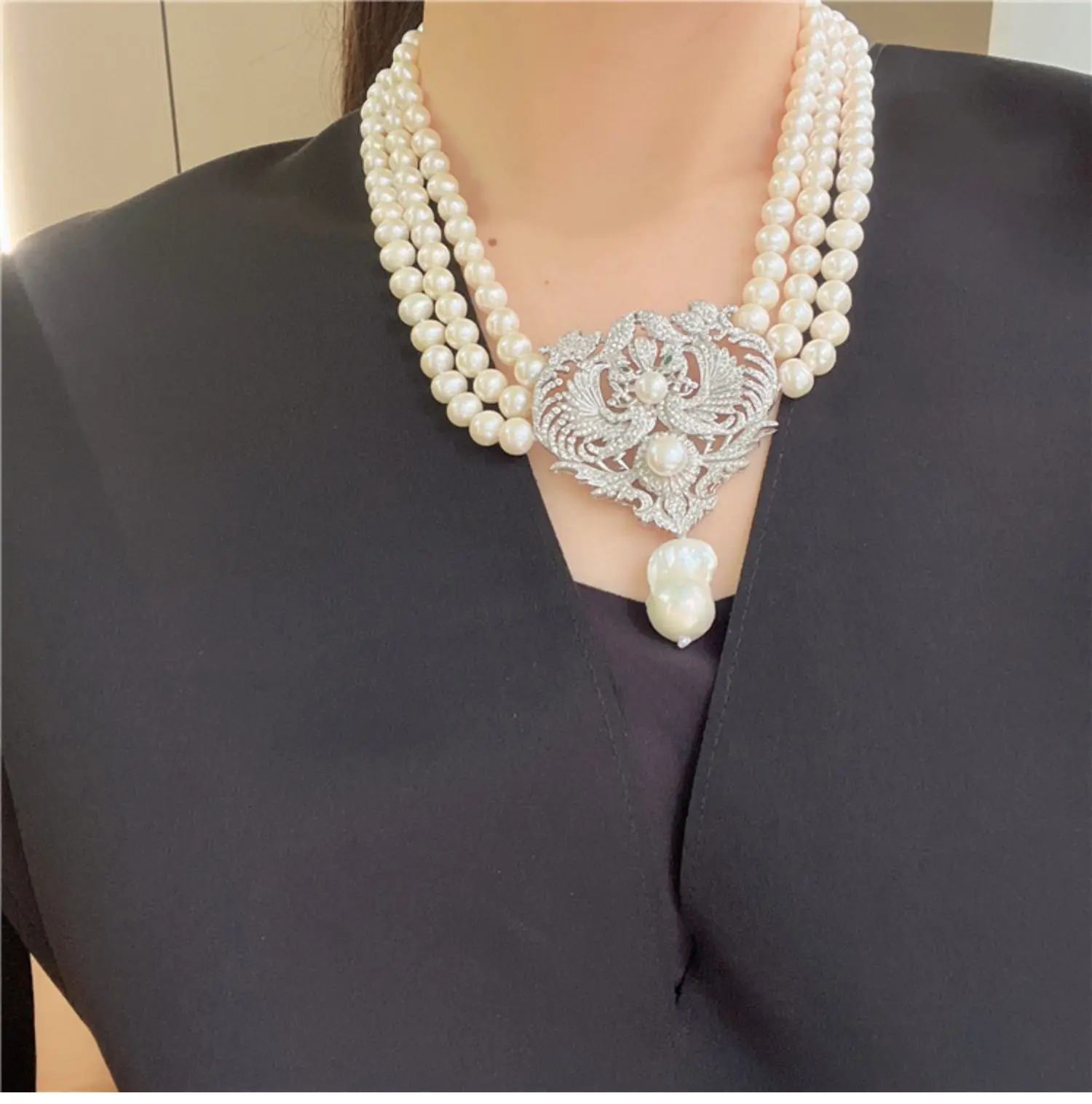 Natural 3 Strands8-9mm Freshwater Cultured White Pearl Necklace CZ Cubic Zirconia Pave Pendant Handmade For Women