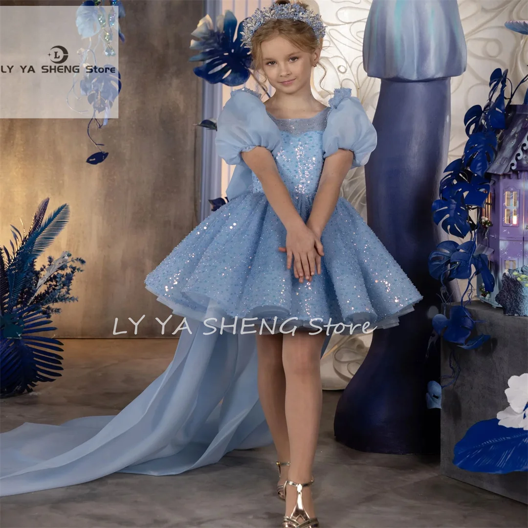 

Sparkly Sequined Flower Girls Dresses Puffy Sky Blue Tulle Kids Birthday Party Dress O Neck Short Sleeve with Bow Tie Child Page