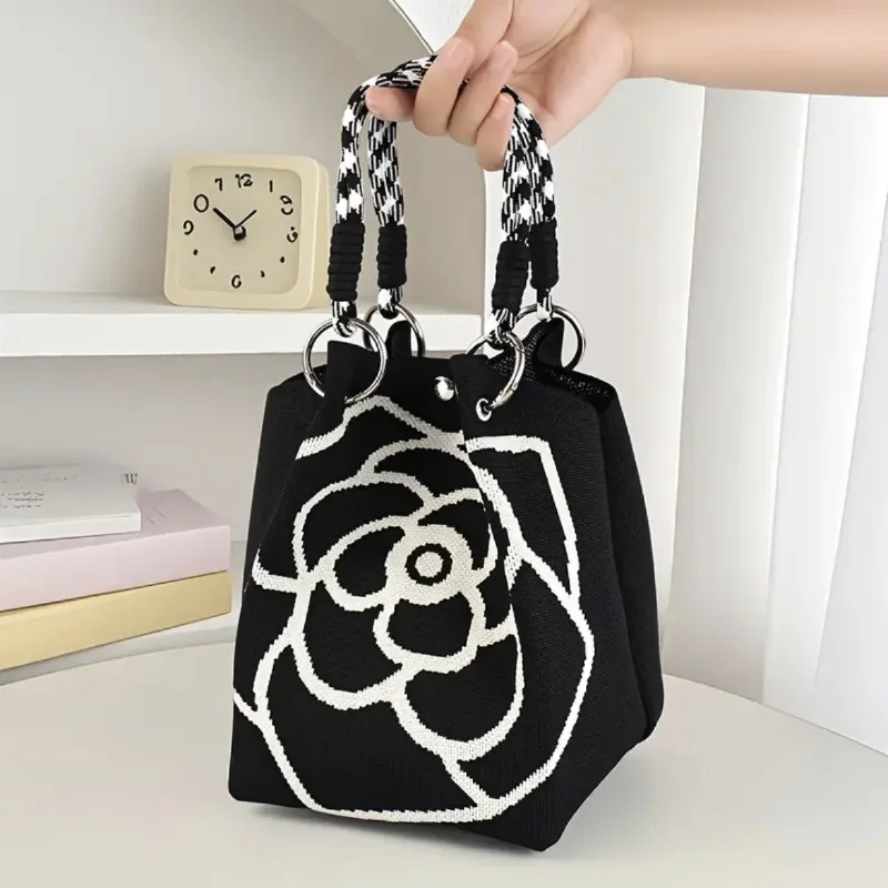 Fashion Flowers Knit Handbag Women Shoulder Bag Color Contrast Portable Ladies Beach Handbag Shopping Tote