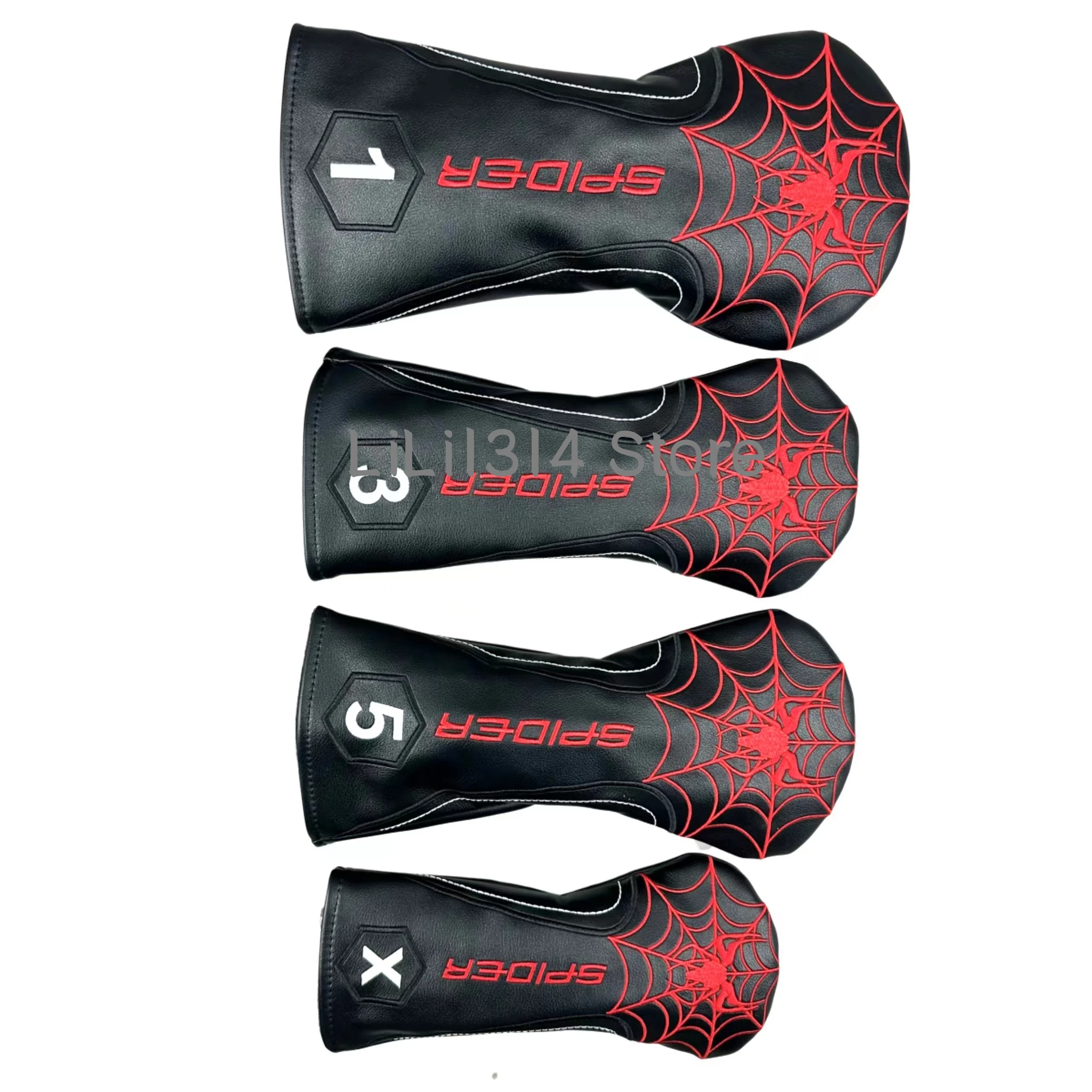 New Pattern White/Red/Black PU Leather with Spider Embroidery Wood Head Cover Golf Club Driver Fairway Wood FW Hybrid Head Cover 5