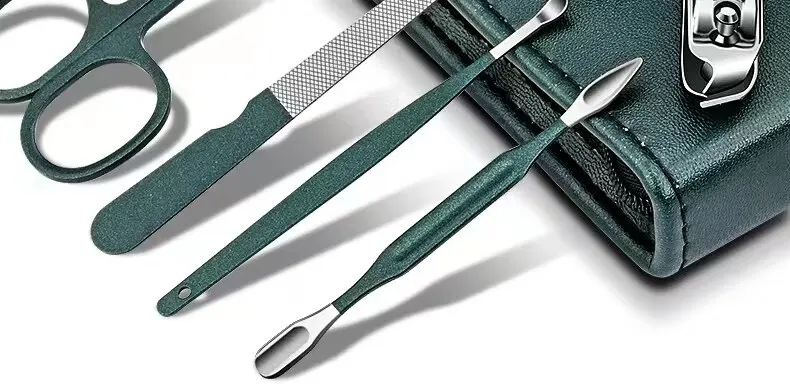 Description Picture 5 of itemGreen 6 Pcs Manicure Set With Leather Case Professional Foot And Face Care Tool Kits Stainless Steel Nail Clipper Sets Gift