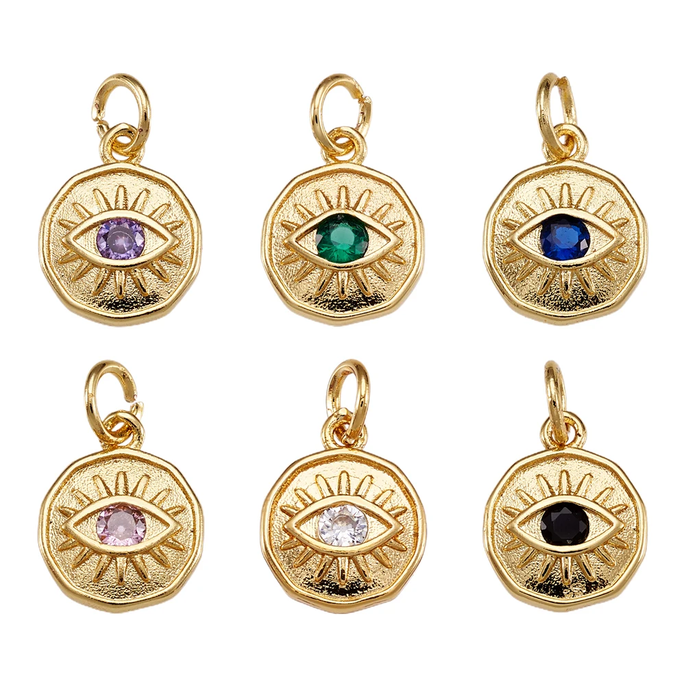 

20pcs Small Brass Micro Pave Cubic Zirconia Pendants Flat Round with Eye Real 18K Gold Color for Jewelry Making 12x10x2mm