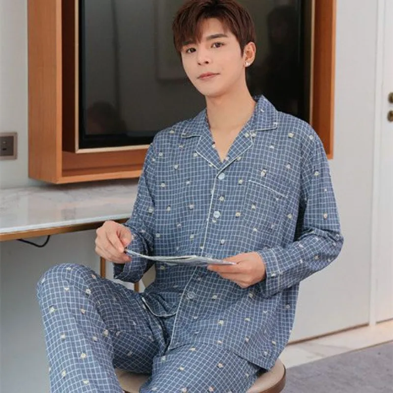 Spring Cotton Silk Pajamas Men Loose Pyjamas Large Size Cartoon Nightdress Casual Thin Sleepwear Simple Long Sleeved Home Wear